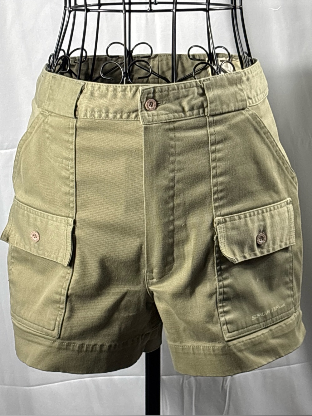 Vintage High-Rise Olive Cargo Shorts with Button-Flap Pockets made for hiking